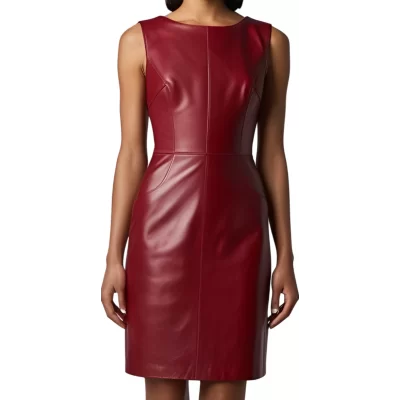 Robe en cuir d'agneau rouge sans manches modèle Cynalia