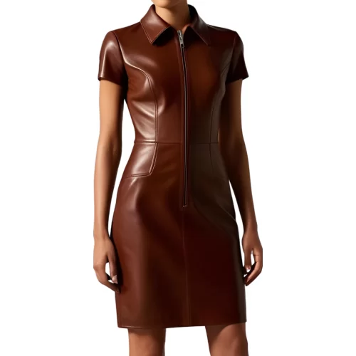 Robe en cuir d'agneau marron manches courtes zip sur l'avant modèle Mireille