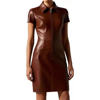 Robe en cuir d'agneau marron manches courtes zip sur l'avant modèle Mireille