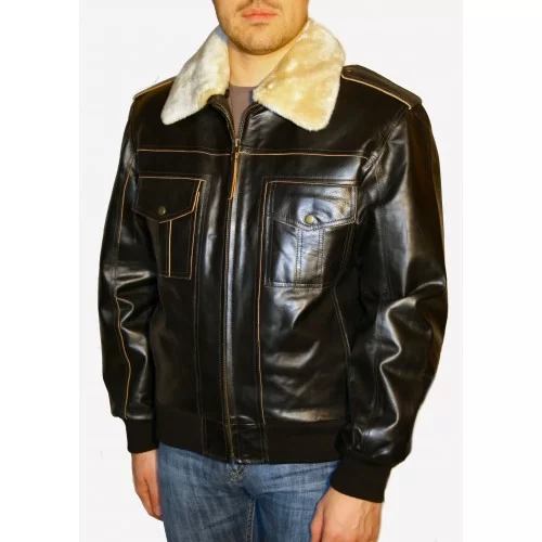 Blouson cuir homme vachette marron avec col mouton amovible type fly jacket modèle Raphael