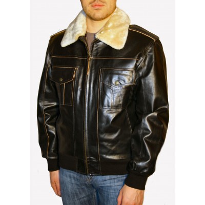 Blouson cuir homme vachette marron avec col mouton amovible type fly jacket modèle Raphael