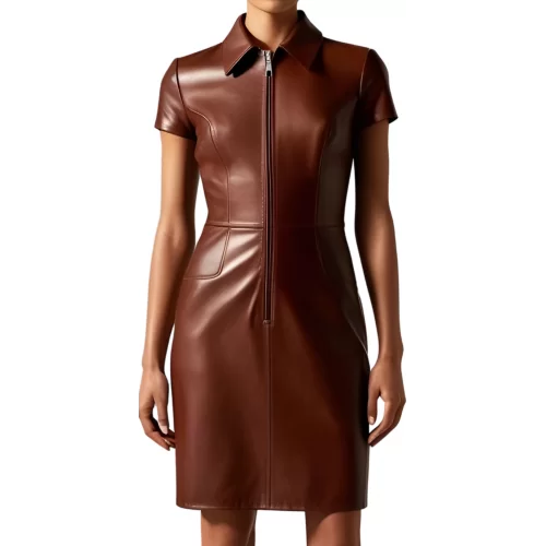 Robe en cuir d'agneau marron manches courtes zip sur l'avant modèle Mireille
