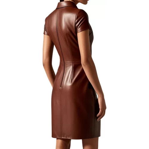 Robe en cuir d'agneau marron manches courtes zip sur l'avant modèle Mireille