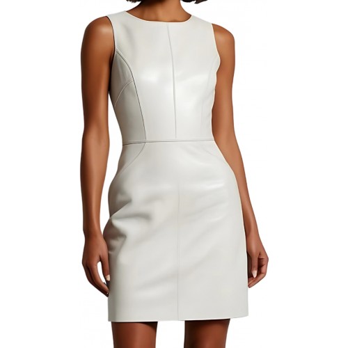 Robe cuir mi courte en cuir d'agneau blanc sans manches modèle yvina