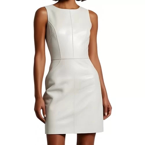 Robe cuir mi courte en cuir d'agneau blanc sans manches modèle yvina