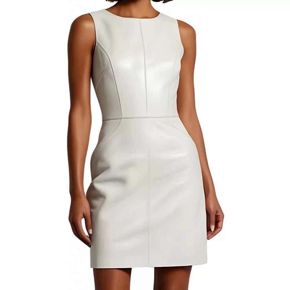 Robe cuir mi courte en cuir d'agneau blanc sans manches modèle yvina