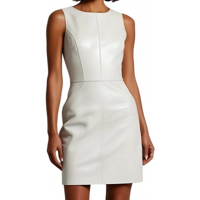 Robe cuir mi courte en cuir d'agneau blanc sans manches modèle yvina