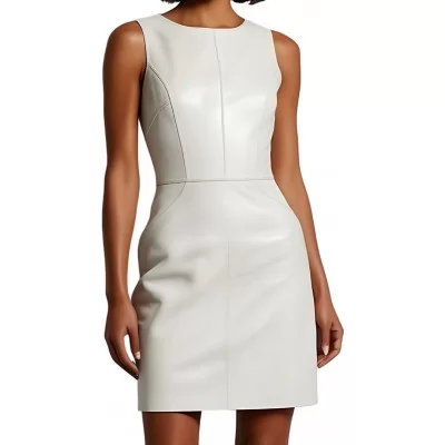 Robe cuir mi courte en cuir d'agneau blanc sans manches modèle yvina