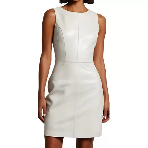 Robe cuir mi courte en cuir d'agneau blanc sans manches modèle yvina