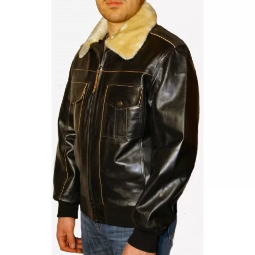 Blouson cuir homme vachette marron avec col mouton amovible type fly jacket modèle Raphael