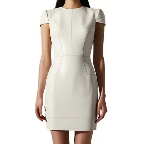 Robe cuir mi courte en cuir d'agneau blanc manches courtes modèle Pelissa
