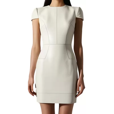 Robe cuir mi courte en cuir d'agneau blanc manches courtes modèle Pelissa