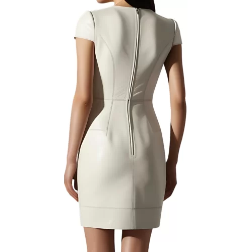 Robe cuir mi courte en cuir d'agneau blanc manches courtes modèle Pelissa