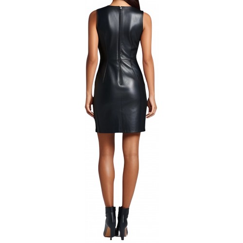 Robe mi longue sans manches en cuir d'agneau noir fermeture par zip au dos modèle Unannie