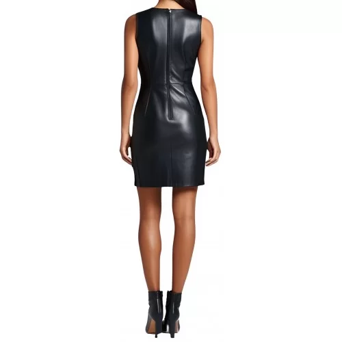Robe mi longue sans manches en cuir d'agneau noir fermeture par zip au dos modèle Unannie