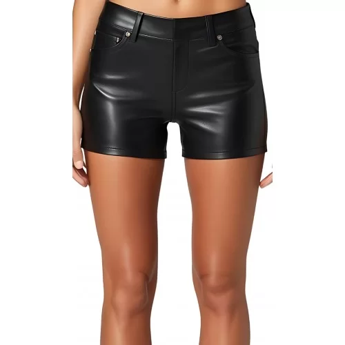 Short forme jeans en cuir d'agneau stretch noir modèle Unia