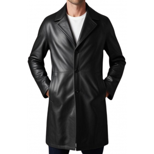 Manteau homme en cuir d'agneau noir fermeture par boutons modèle Timon