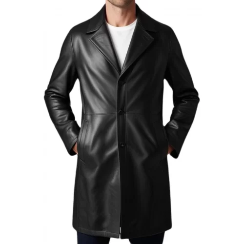 Manteau homme en cuir d'agneau noir fermeture par boutons modèle Timon