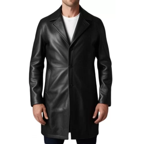 Manteau homme en cuir d'agneau noir fermeture par boutons modèle Timon