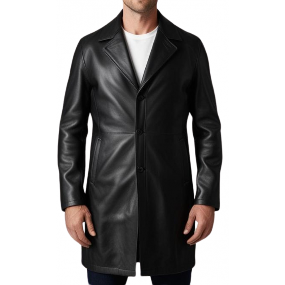 Manteau homme en cuir d'agneau noir fermeture par boutons modèle Timon