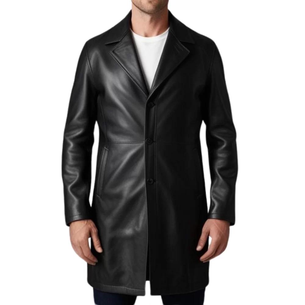 Manteau homme en cuir d'agneau noir fermeture par boutons modèle Timon