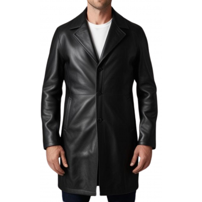 Manteau homme en cuir d'agneau noir fermeture par boutons modèle Timon