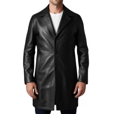 Manteau homme en cuir d'agneau noir fermeture par boutons modèle Timon