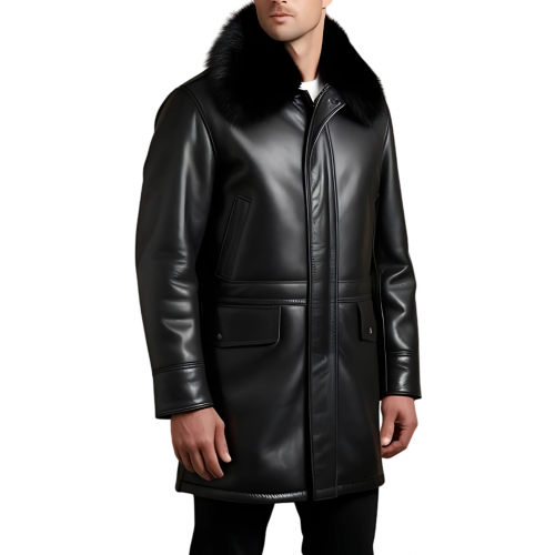 Trois quart homme en cuir d'agneau épais noir avec col en mouton amovible véritable fermeture zip modèle Elitore