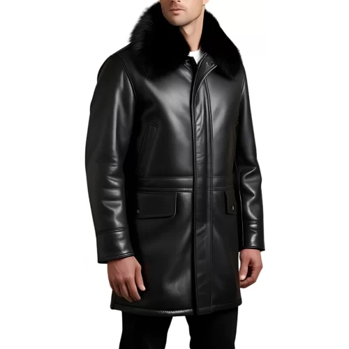 Trois quart homme en cuir d'agneau épais noir avec col en mouton amovible véritable fermeture zip modèle Elitore