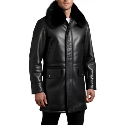 Trois quart homme en cuir d'agneau épais noir avec col en mouton amovible véritable fermeture zip modèle Elitore