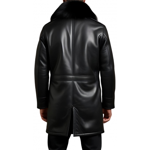 Trois quart homme en cuir d'agneau épais noir avec col en mouton amovible véritable fermeture zip modèle Elitore
