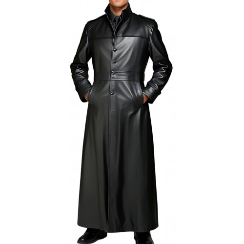 Manteau long homme style Matrix en cuir d'agneau noir fermeture par boutons modèle Goast