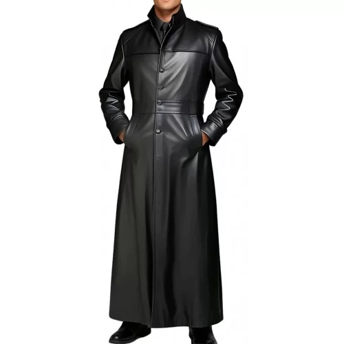 Manteau long homme style Matrix en cuir d'agneau noir fermeture par boutons modèle Goast