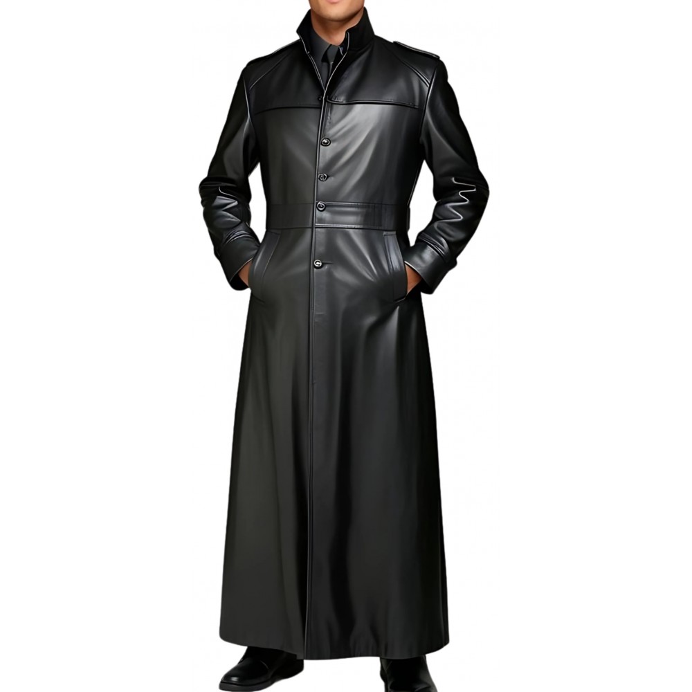 Manteau long homme style Matrix en cuir d'agneau noir fermeture par boutons modèle Goast