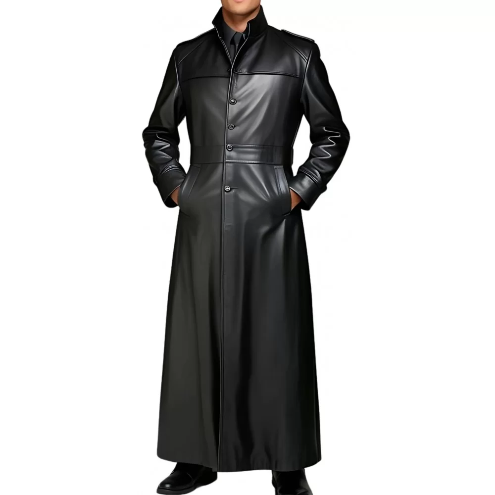 Manteau long homme style Matrix en cuir d'agneau noir fermeture par boutons modèle Goast