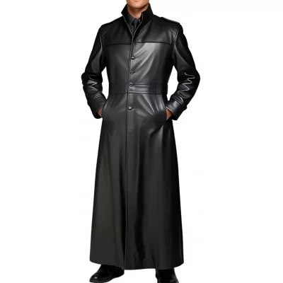 Manteau long homme style Matrix en cuir d'agneau noir fermeture par boutons modèle Goast