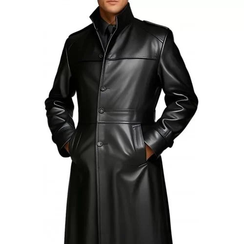 Manteau long homme style Matrix en cuir d'agneau noir fermeture par boutons modèle Goast