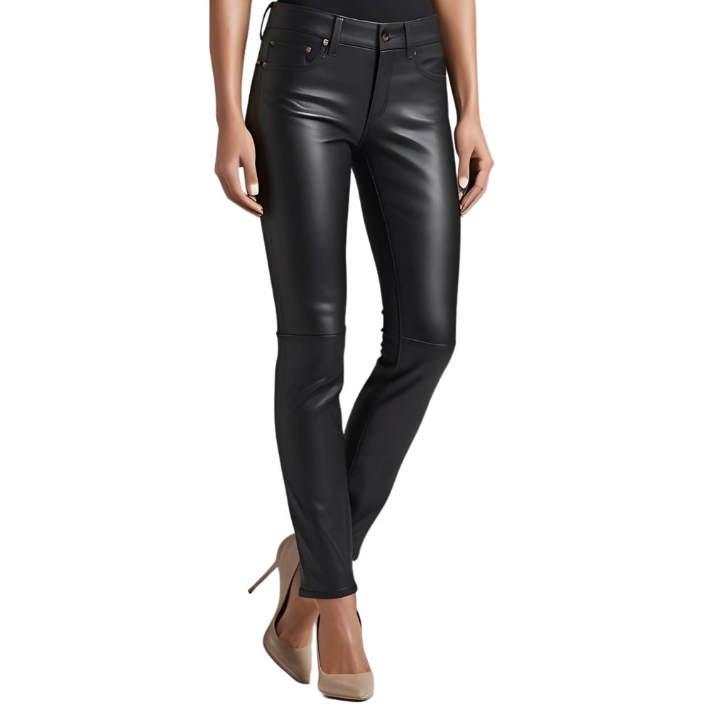 Pantalon coupe jeans femme en cuir d'agneau noir  modèle Nataline