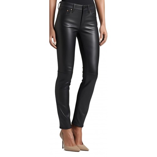 Pantalon coupe jeans femme en cuir d'agneau noir  modèle Nataline