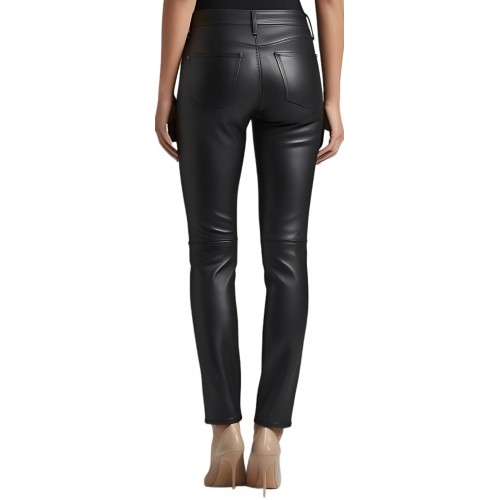Pantalon coupe jeans femme en cuir d'agneau noir  modèle Nataline