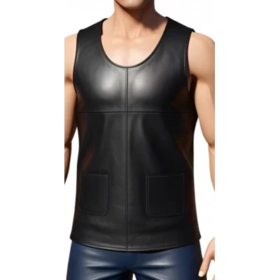 Tee shirt débardeur homme en cuir d'agneau noir sans manches modèle Dorin