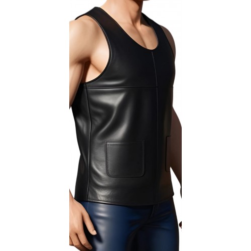 Tee shirt débardeur homme en cuir d'agneau noir sans manches modèle Dorin