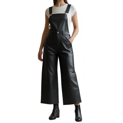 Salopette femme en cuir d'agneau noir bas large modèle Dixty