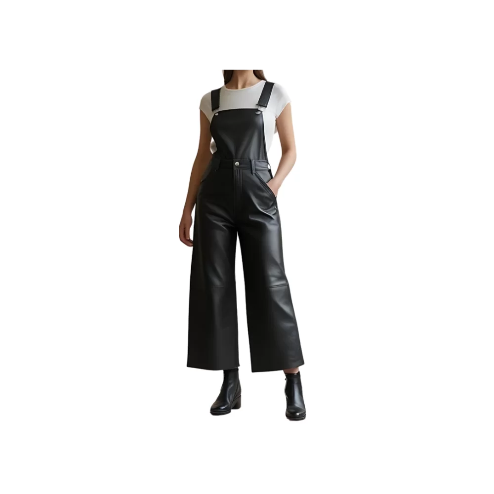 Salopette femme en cuir d'agneau noir bas large modèle Dixty
