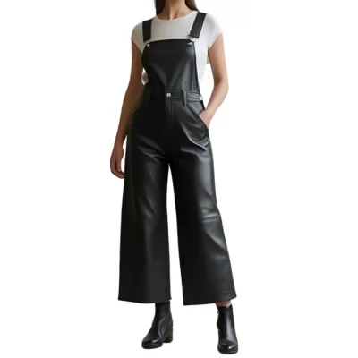 Salopette femme en cuir d'agneau noir bas large modèle Dixty