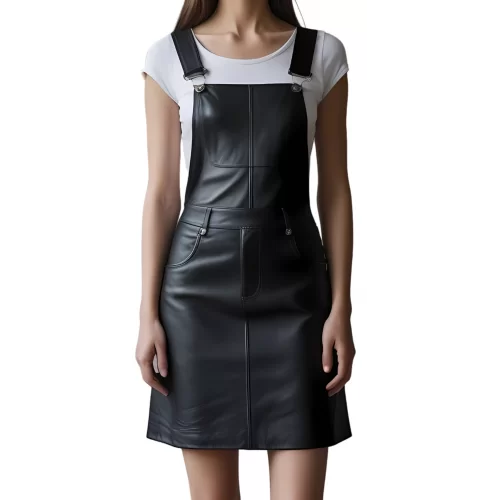 Robe salopette femme en cuir d'agneau noir modèle Salie