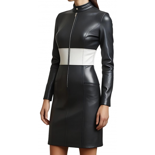 Robe mi longue en cuir d'agneau plongé noir et bande d'agneau plongé blanc sur la taille modèle Raola