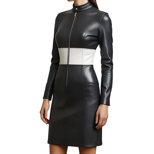 Robe mi longue en cuir d'agneau plongé noir et bande d'agneau plongé blanc sur la taille modèle Raola