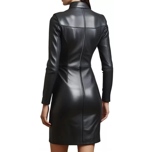 Robe mi longue en cuir d'agneau plongé noir et bande d'agneau plongé blanc sur la taille modèle Raola