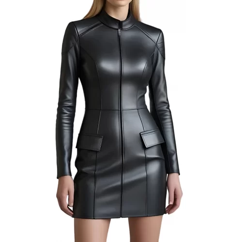 Robe mi longue en cuir d'agneau noir avec zip et poches sur l'avant modèle Promété